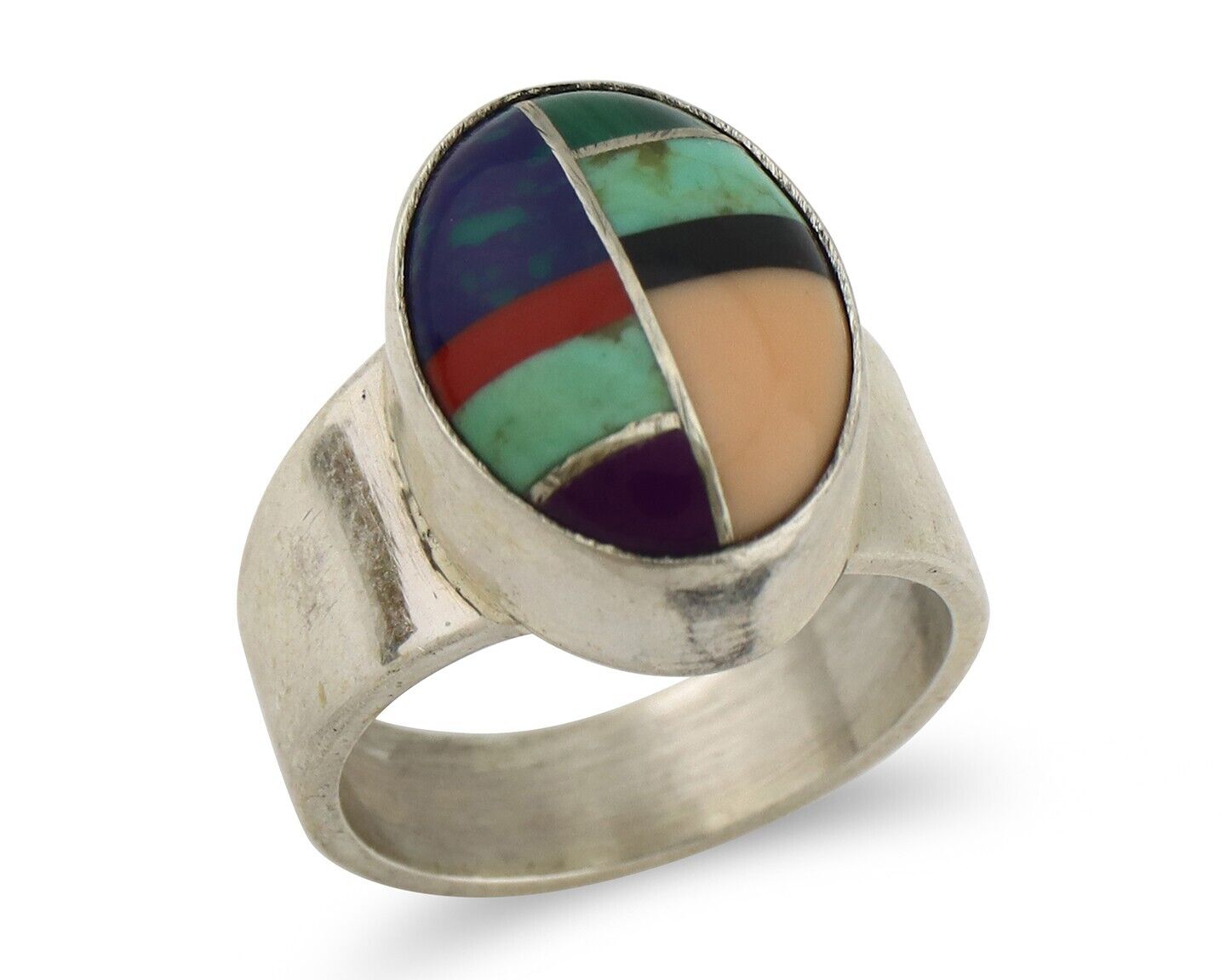 Zuni Inlaid Ring 925 Silver Mixed Natural Gemstones Native American Artist C.80s