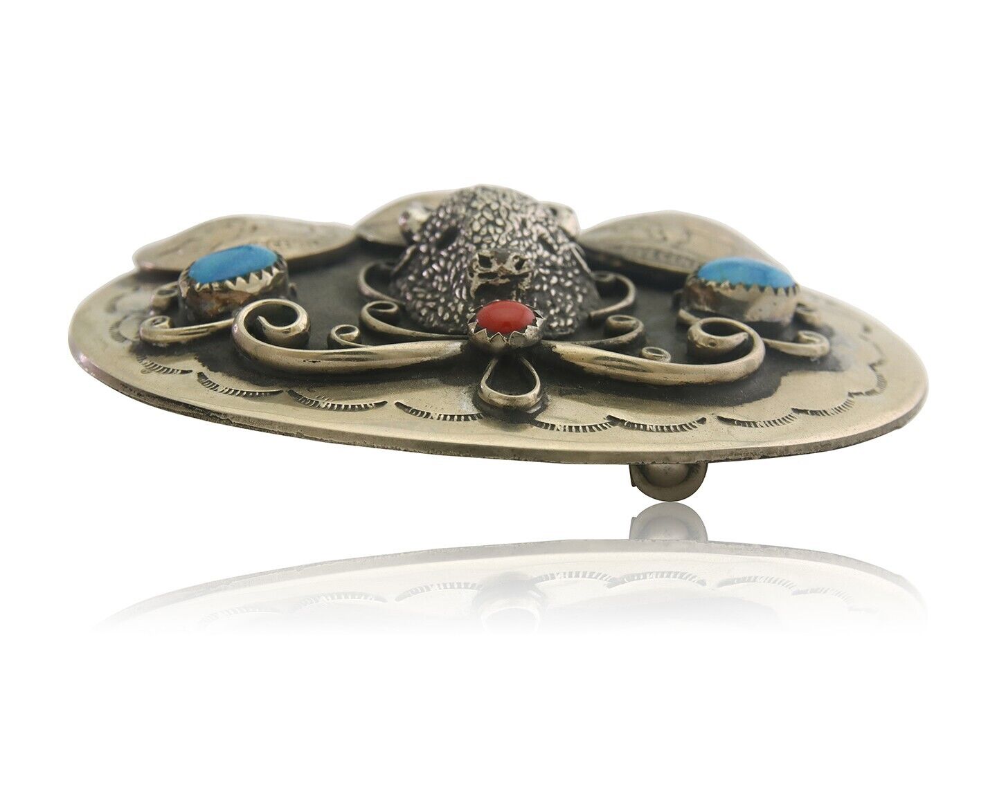 Navajo Belt Buckle .999 Nickel Buffalo Gemstone Handmade 2.5 x 3.0 in C.80's
