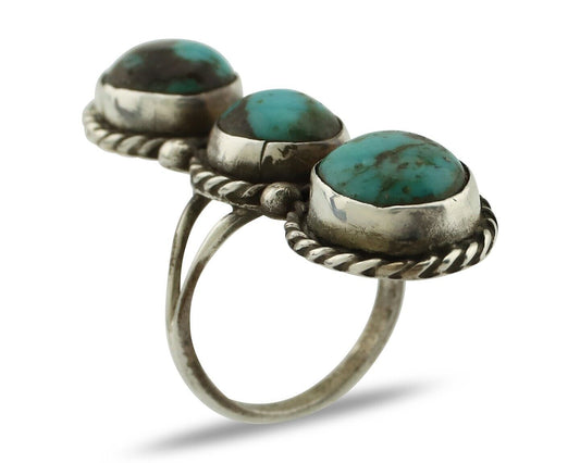 Navajo 3 Stone Ring 925 Silver Natural Kingman Turquoise Native Artist C.80's