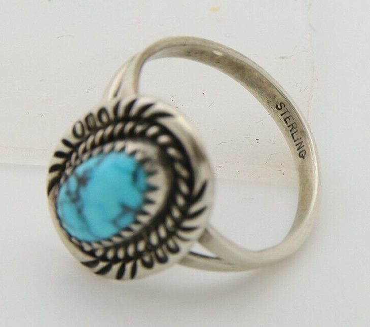 Navajo Hand Stamped Ring 925 Silver Natural Turquoise Native Artist C.80's