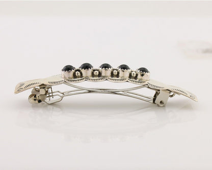 Women Navajo Hair Clip Barrette 925 Silver Hand Stamped Onyx Signed BN C.80s