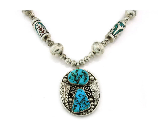 Navajo Necklace 925 Sterling Silver Coral & Turquoise Vintage Artist Signed SO