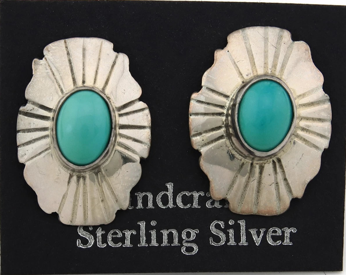 Navajo Concho Dangle Earrings Sterling Silver Natural Turquoise Vintage Handmade
