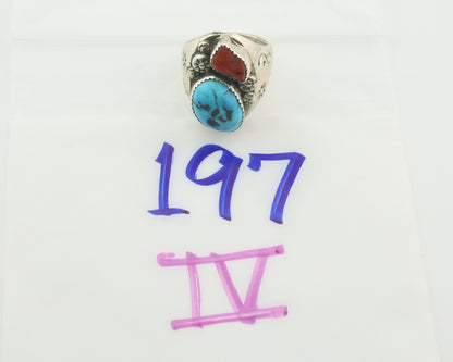 Men Heavy Navajo Ring 925 Sterling Natural Coral & Turquoise C.80's Size 11