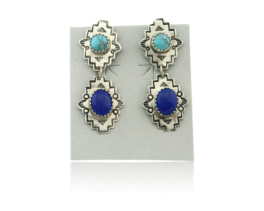 Navajo Earrings Sterling Silver Lapis & Truquoise Vintage Signed Mary Ellen