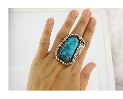Large Navajo Ring Sterling Silver Authentic Turquoise Signed D Size 8.0