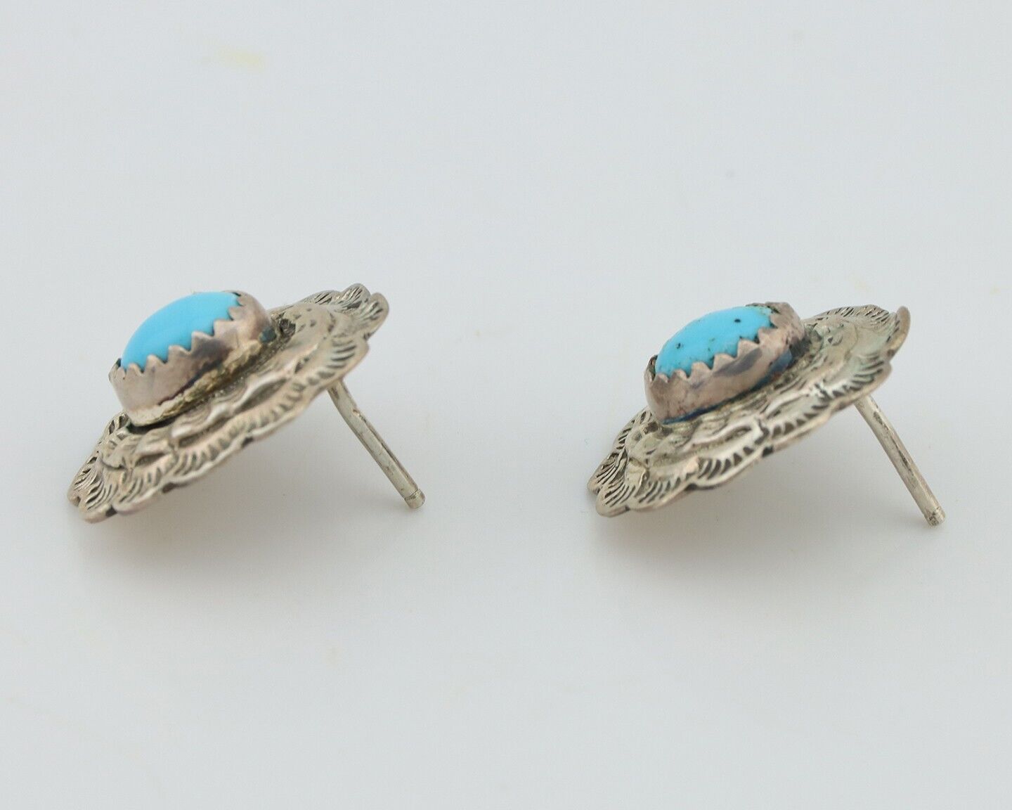 Navajo Earrings 925 Silver Natural Blue Turquoise Native American Artist C.80s