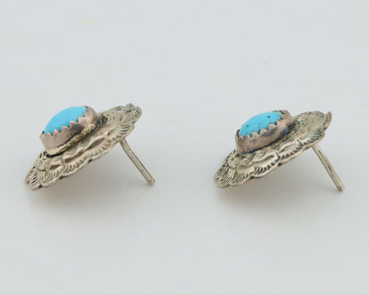 Navajo Earrings 925 Silver Natural Blue Turquoise Native American Artist C.80s