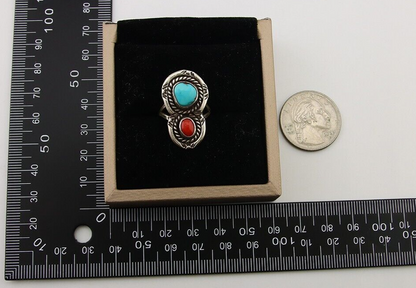 Navajo Ring 925 Silver Turquoise & Coral Native American Artist C.80's