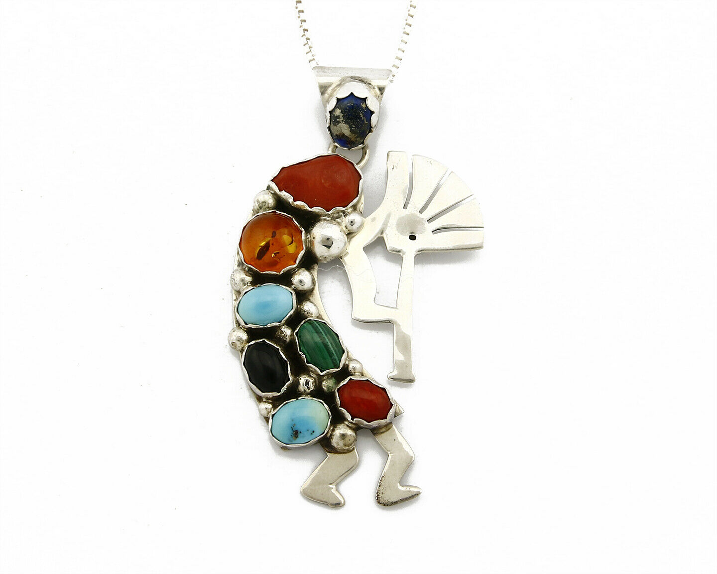 C.80-90's Navajo Signed Swirl .925 Silver Gemstone Kokopolli Necklace