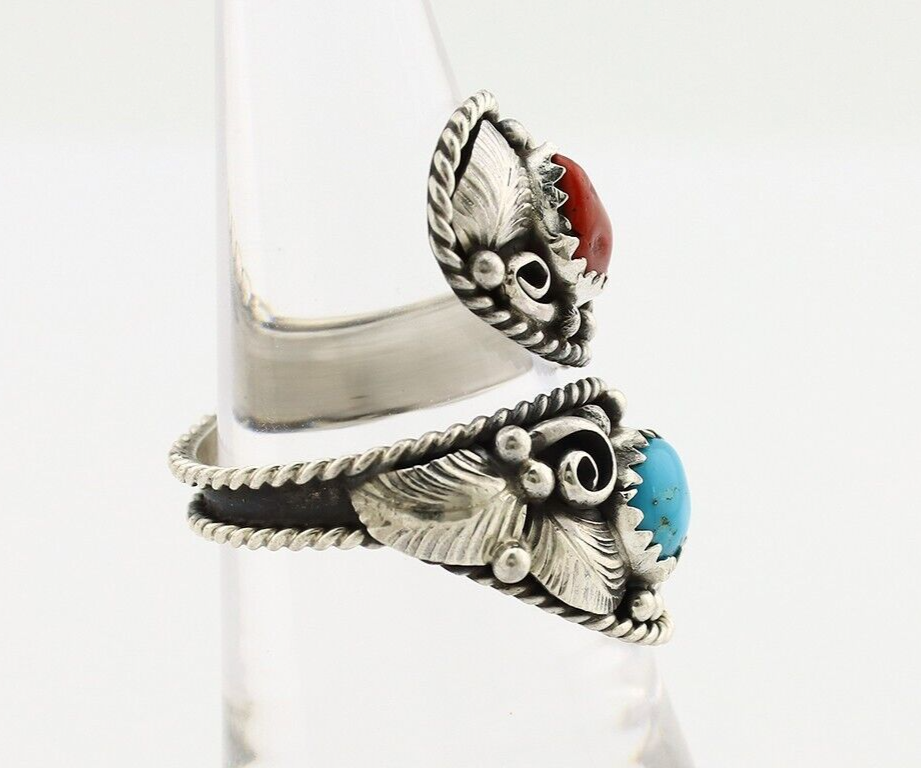 Navajo Adjustable Ring 925 Silver Turquoise & Coral Artist Signed Gecko C.80's