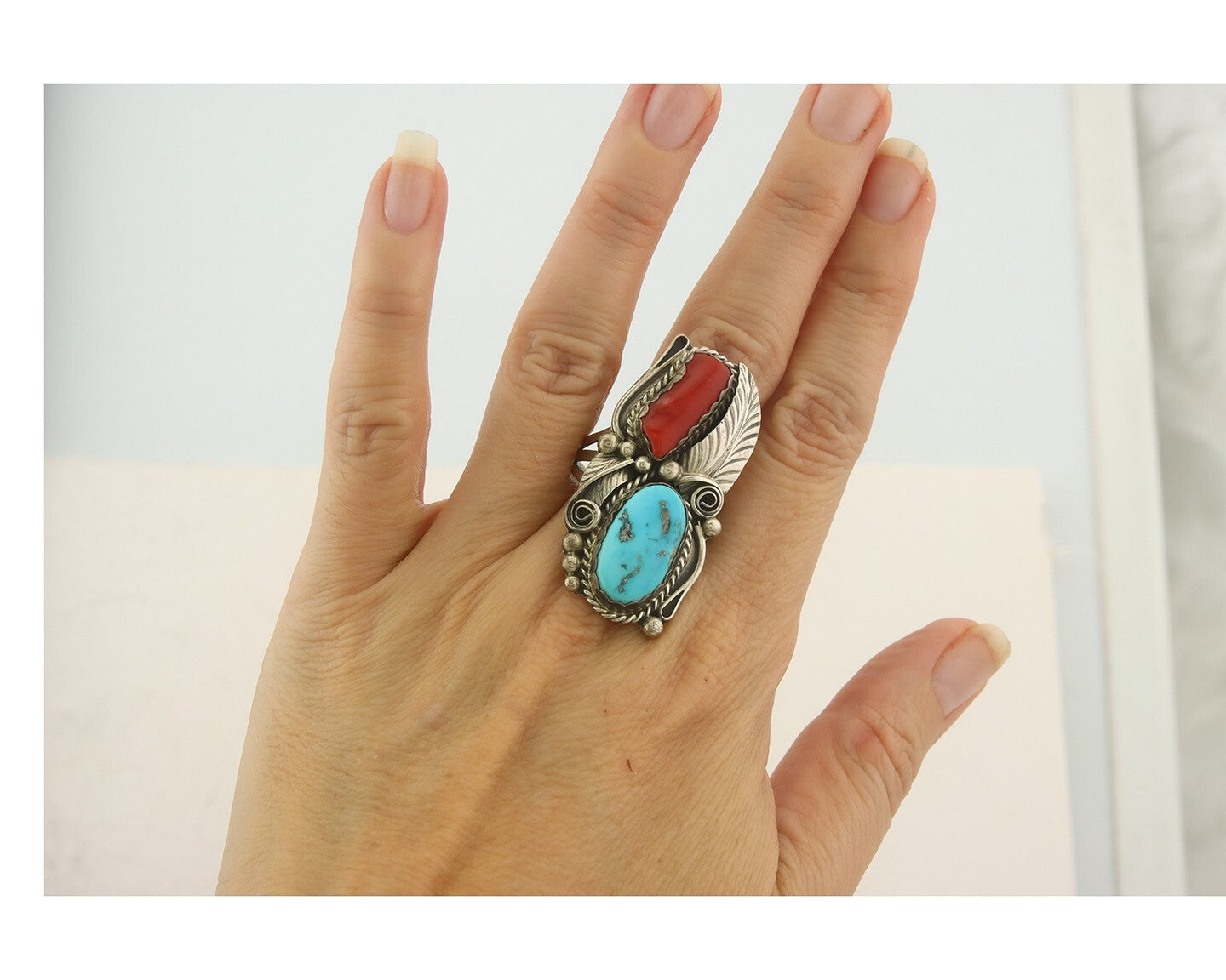 Navajo Ring 925 Sterling Natural Coral & Turquoise Signed JM C.80's Size 10.75
