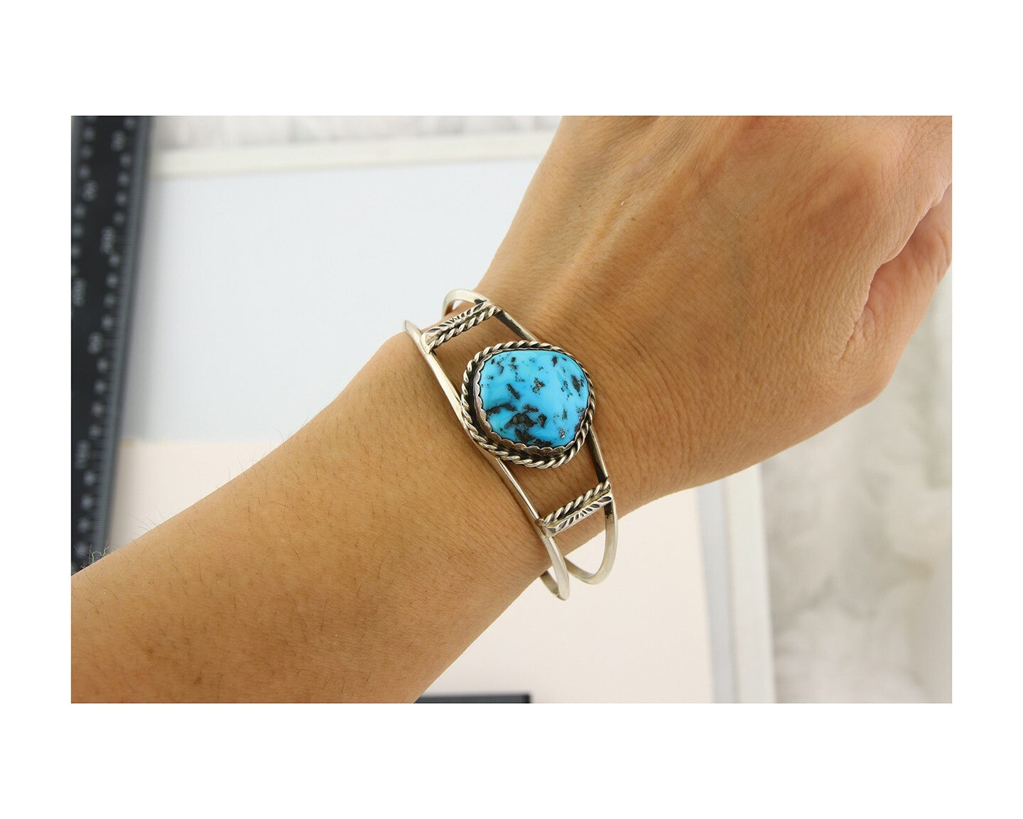 Navajo Bracelet 925 Silver Natural Blue Turquoise Native American Artist C.80s