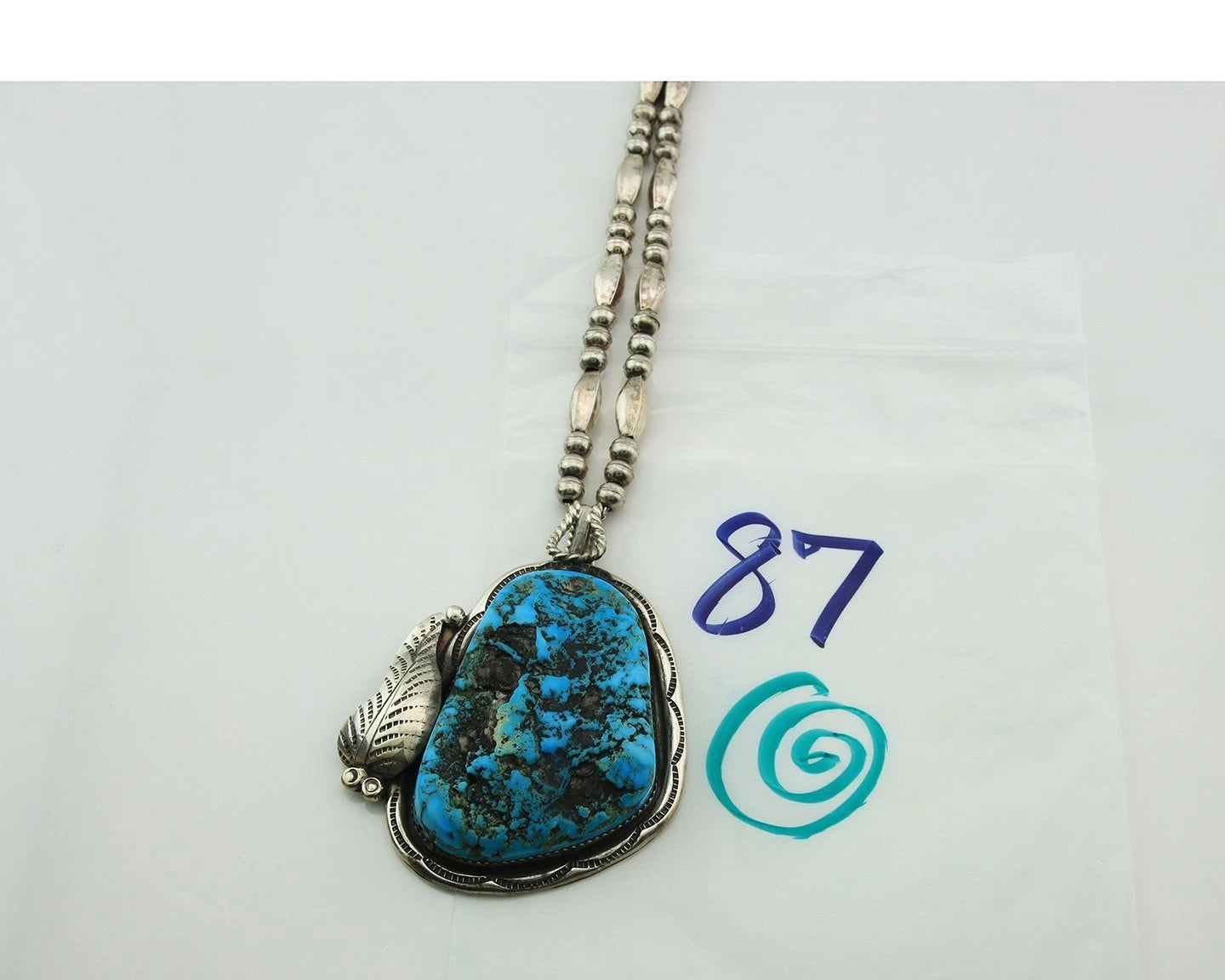 Navajo Bead Necklace 925 Sterling Silver Nugget Turquoise Signed Wes Craig C.80s
