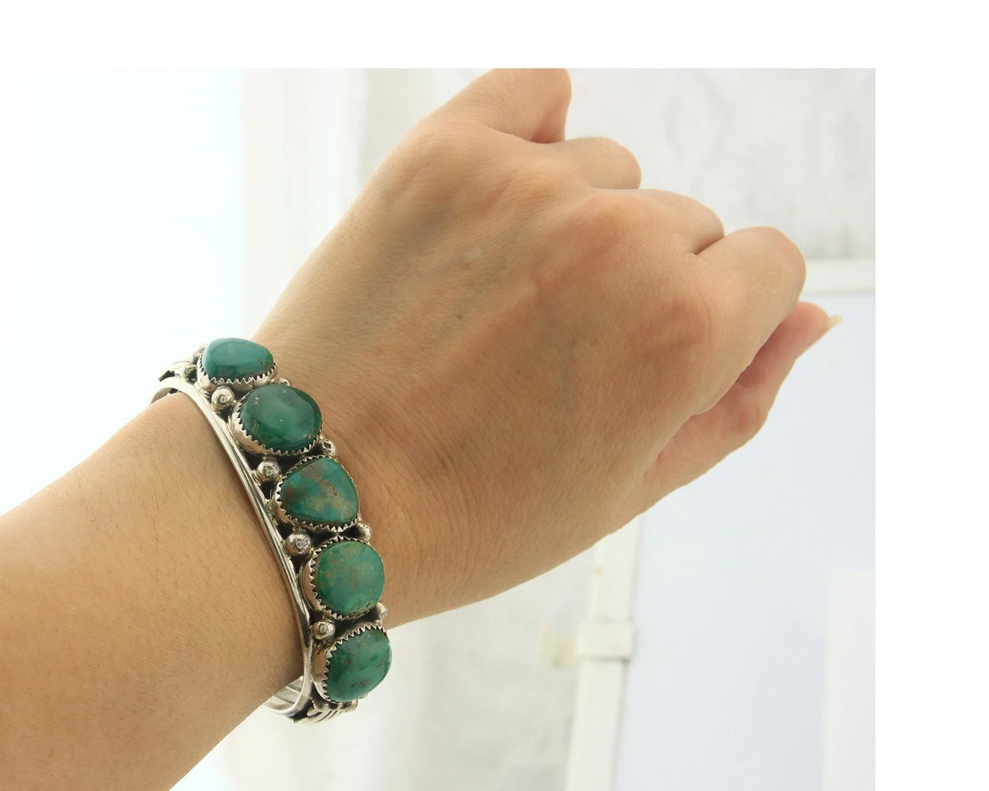 Navajo Cuff Bracelet Sterling Silver Gem Turquoise Vintage Signed V Chee