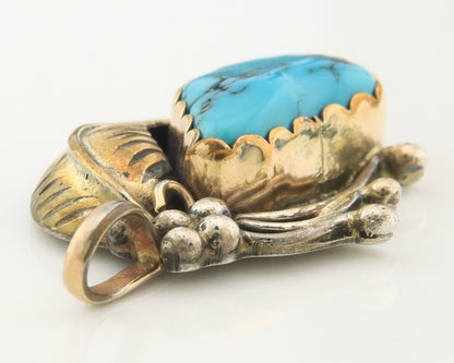 Navajo Pendant Sterling Silver & Gold Natural Blue Turquoise Signed MP