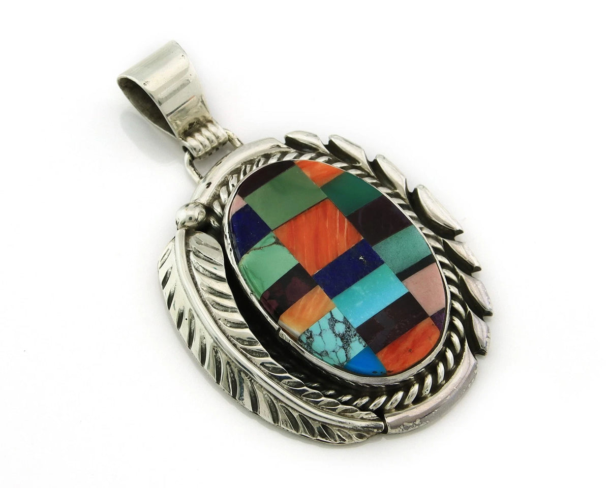 Navajo Pendant 925 Sterling Silver Natural Gemstones Vintage Signed Rabbit Stick