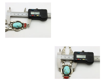 Navajo Necklace 925 Silver Turquoise & Coral Artist Signed Rabbit Stick C.2008