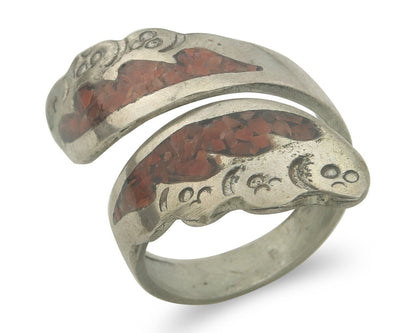 Navajo Ring 925 Silver Inlaid Natural Coral Native Artist C.80's Size 6.0