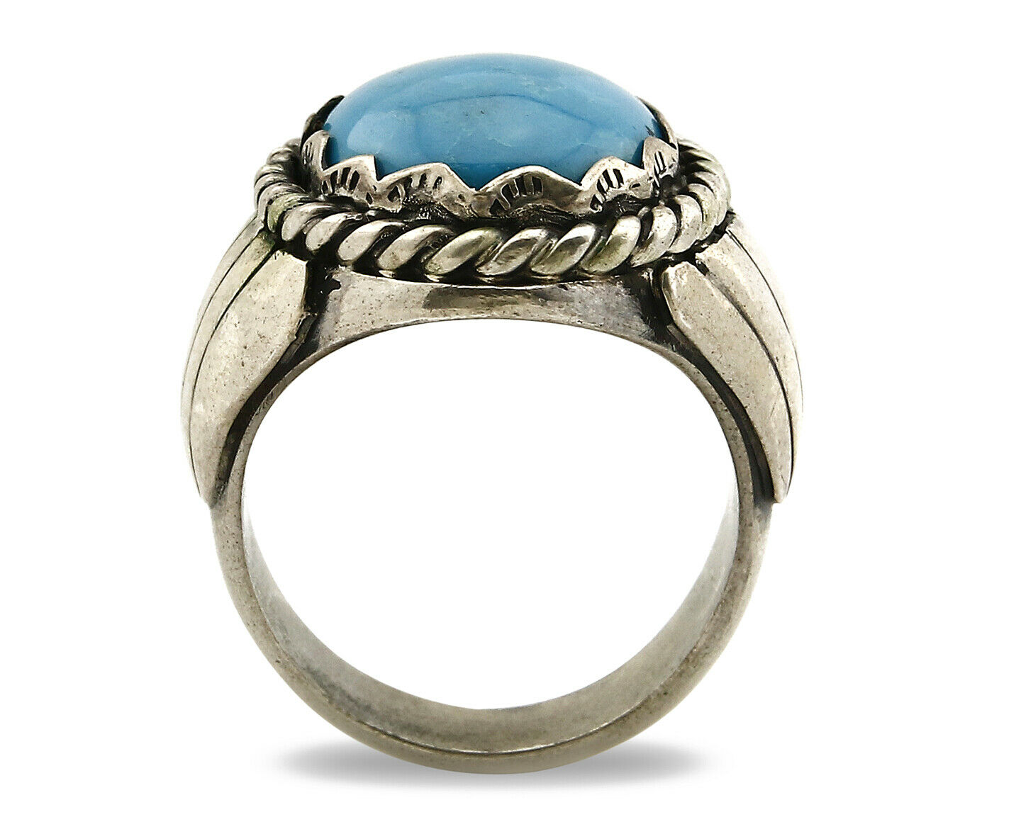 Navajo Ring .925 SOLID Silver Kingman Turquoise Signed Artist TeePee C.80's