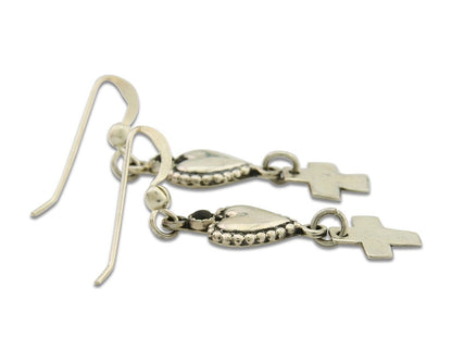 Navajo Earrings 925 Silver Heart Cross Natural Onyx Native American Artist C.80s