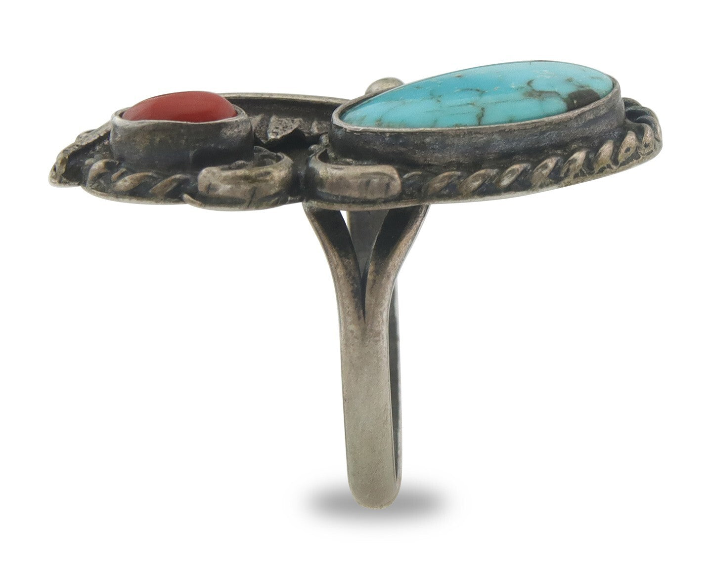 Navajo Ring 925 Sterling Natural Coral & Turquoise Native Artist C.80's Size 7.5