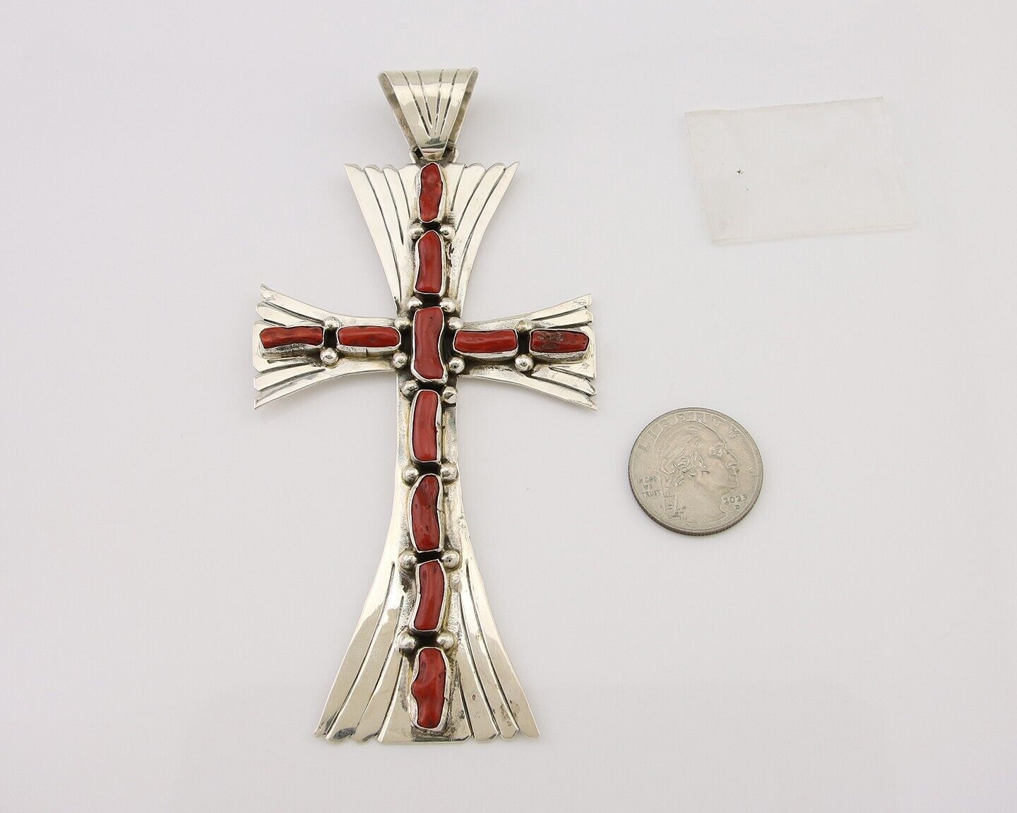 Large Navajo Cross Pendant 925 Silver Mediterranean Coral Artist Signed JB C.80s