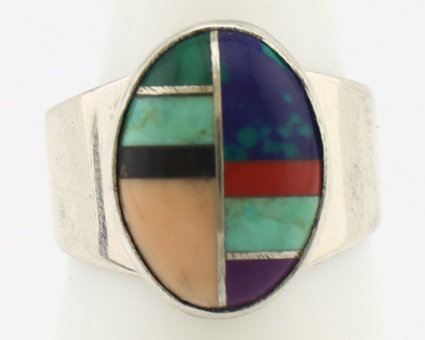 Zuni Inlaid Ring 925 Silver Mixed Natural Gemstones Native American Artist C.80s