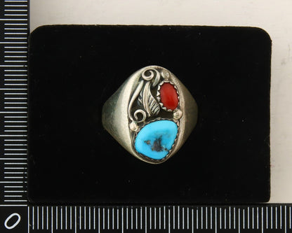 Navajo Ring 925 Sterling Turquoise & Coral Native Artist C.80's Size 9.0