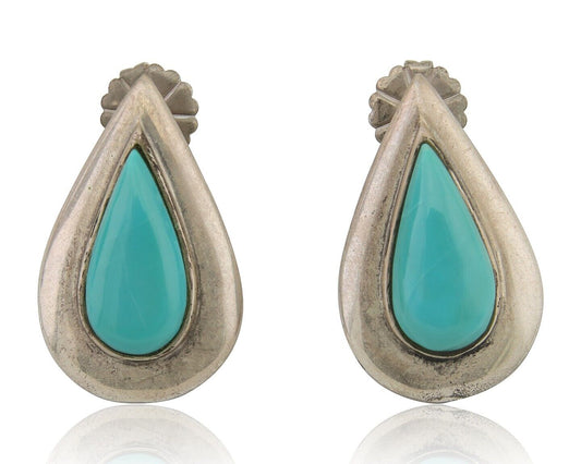 Navajo Dangle Earrings 925 Silver Natural Turquoise Signed Thomas Charay C.1988