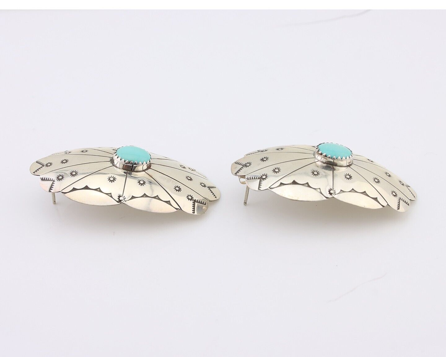 Navajo Hand Stamped Shield Earrings 925 Silver Turquoise Native Artist C.80's