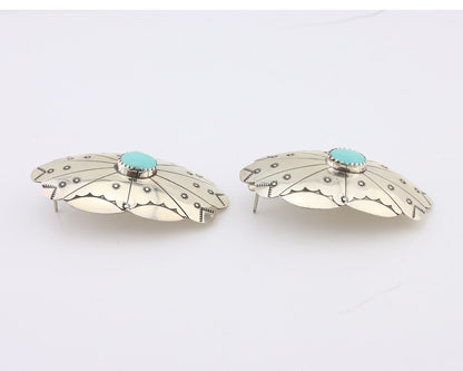 Navajo Hand Stamped Shield Earrings 925 Silver Turquoise Native Artist C.80's