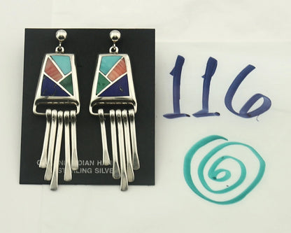 Navajo Earrings 925 Sterling Silver Natural Gemstones Signed Teme C.80's
