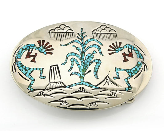 Navajo Corn Kokopelli Belt Buckle .999 Nickel Vintage Signed SD