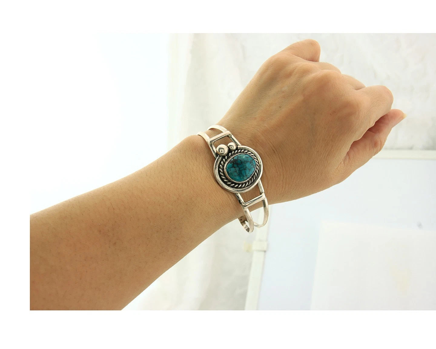 Navajo Cuff Bracelet Sterling Silver Turquoise Vintage Artist Signed C Montoya