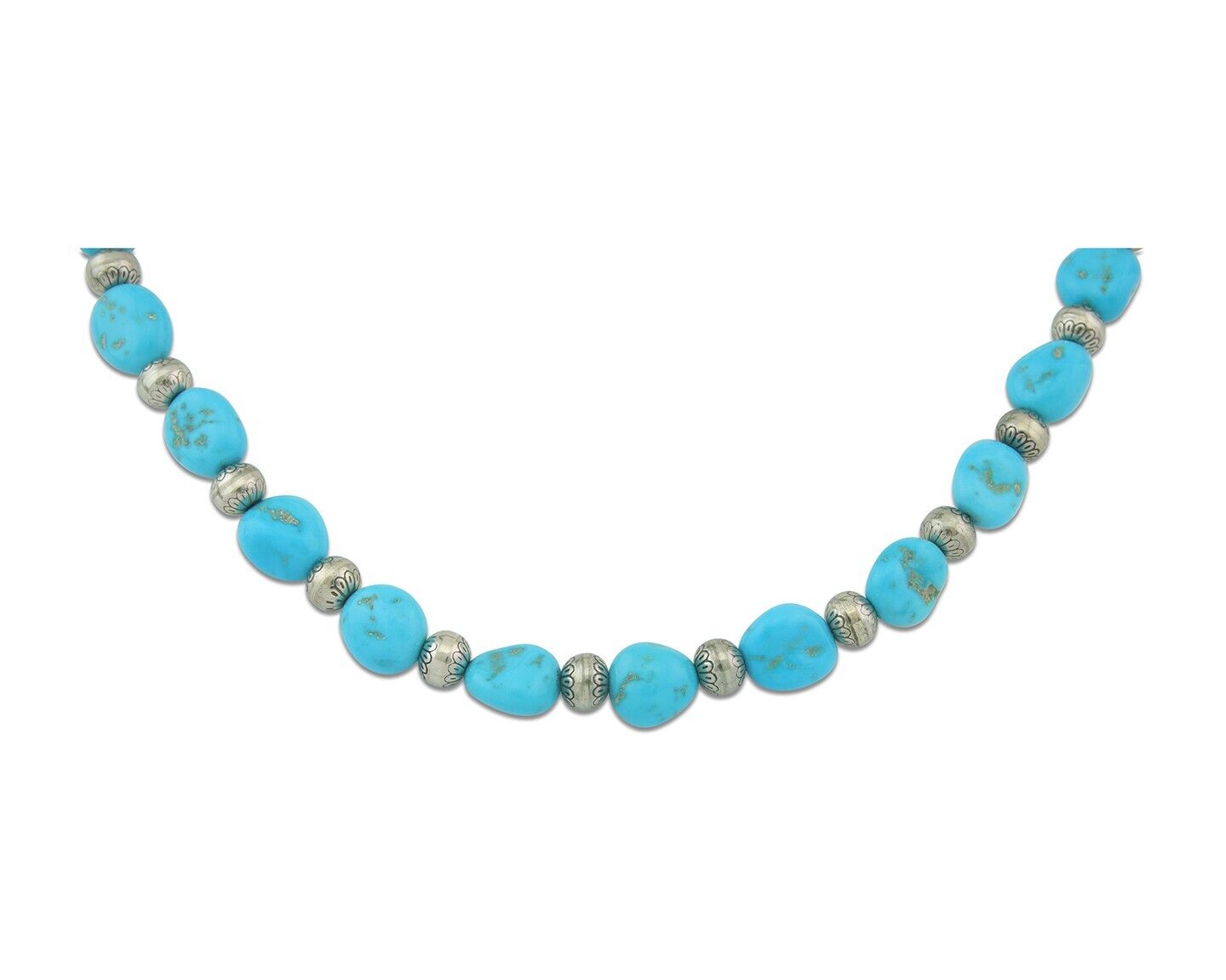 Vintage Navajo Bead Necklace 925 Silver Turquoise Hand Stamped Native Artist