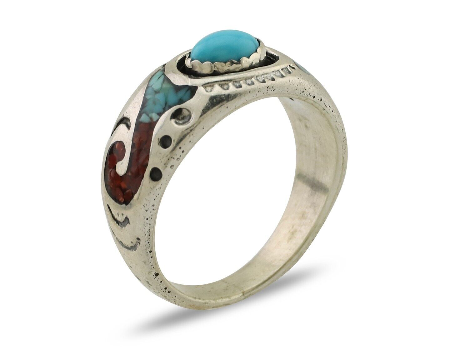 Navajo Ring 925 Silver Turquoise & Coral Natural American Artist C.80's