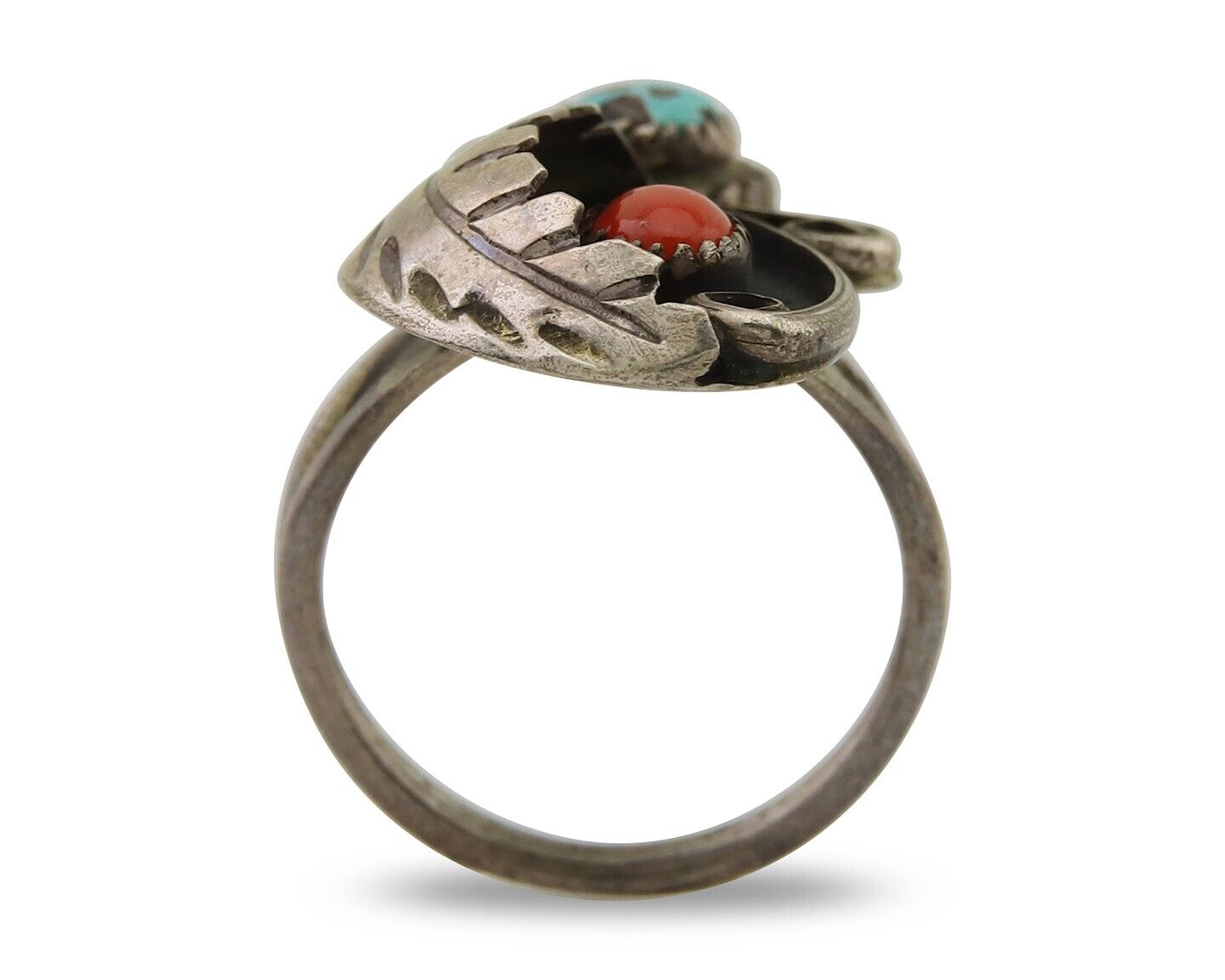Navajo Handmade Ring 925 Silver Turquoise & Coral Native Artist C.80's