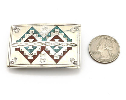 Navajo Belt Buckle .925 Silver Handmade Chip Inlay Artist Signed NAKAI C.80's