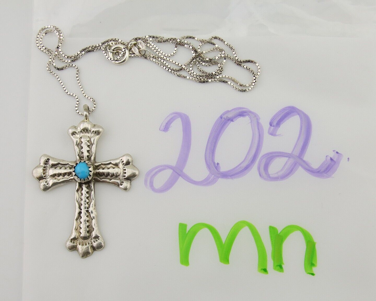 Navajo Cross Hand Stamped Necklace 925 Silver Turquoise Native Artist C.80s