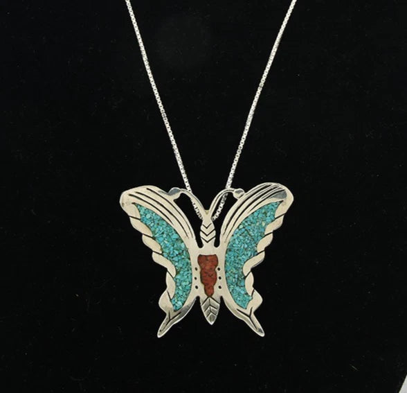 Navajo Butterfly Necklace Sterling Silver Turquoise & Coral Signed RP