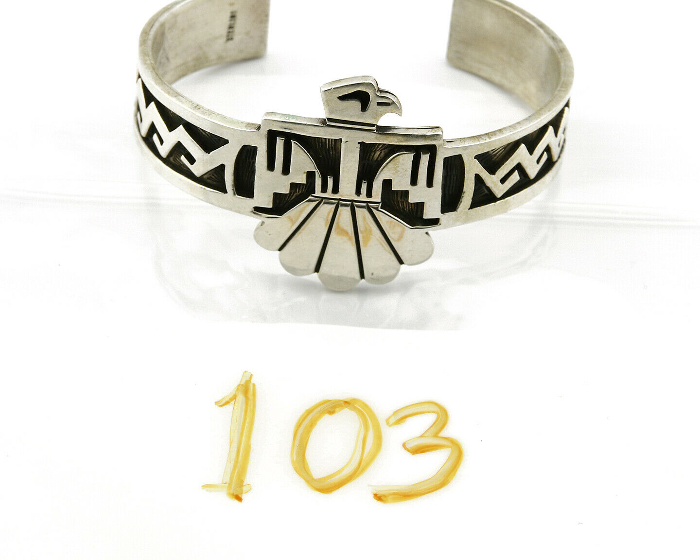 Navajo Handmade Bracelet .925 Silver Thunderbird Overlay Cuff