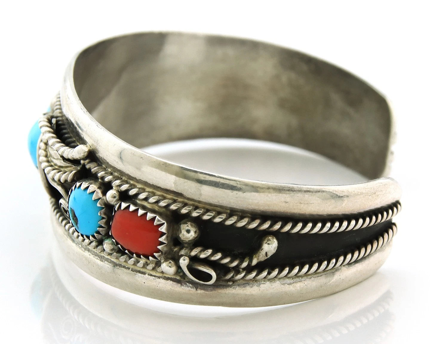 Navajo Cuff Bracelet 925 Sterling Silver Turquoise & Coral Signed Lee Charlie Jr