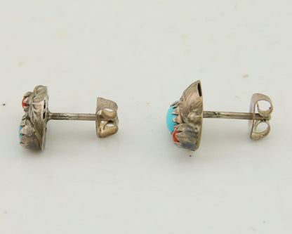 Navajo Earrings 925 Silver Natural Coral & Turquoise Native Artist C.80's