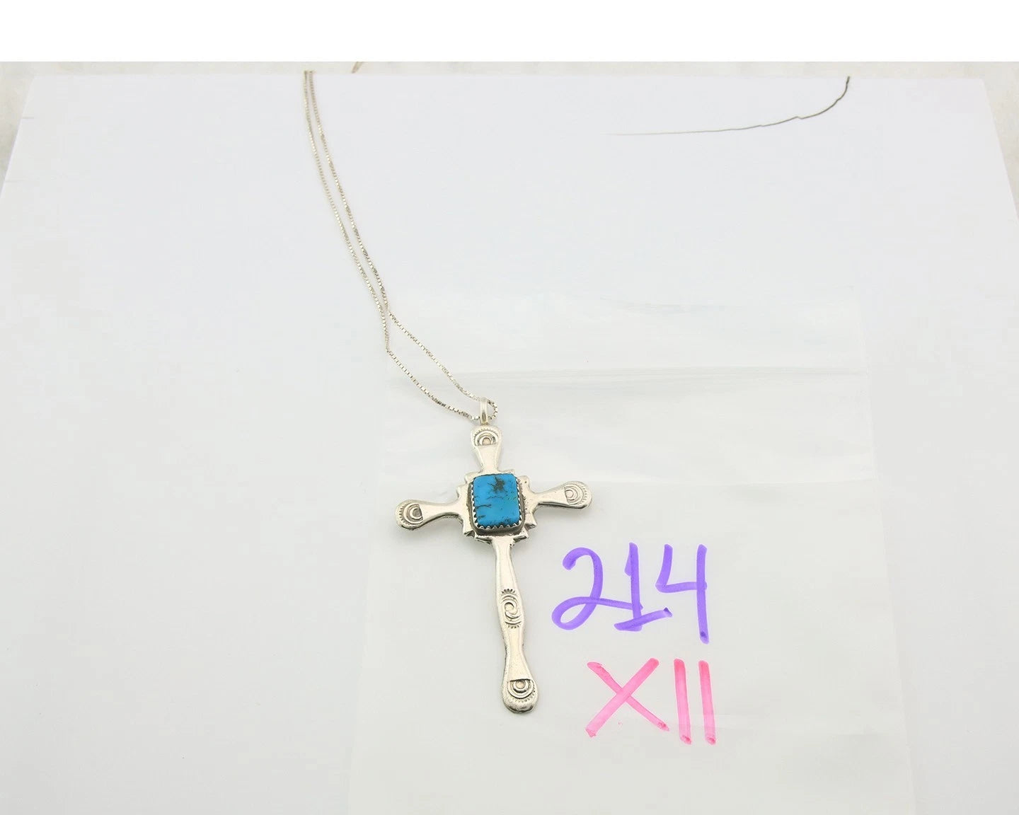 Navajo Cross Necklace Sterling Silver Turquoise Artist Signed LL Sand Cast