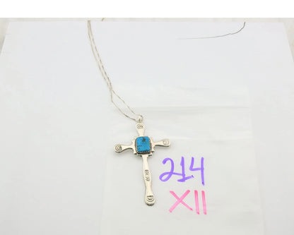 Navajo Cross Necklace Sterling Silver Turquoise Artist Signed LL Sand Cast