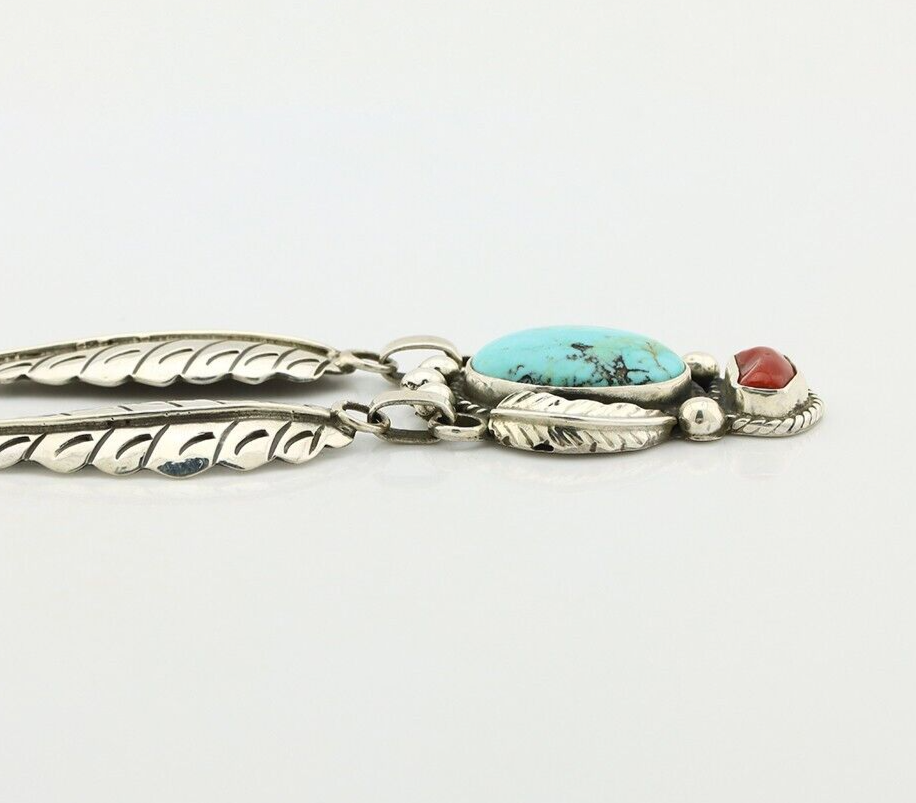 Navajo Necklace 925 Silver Turquoise & Coral Artist Signed Rabbit Stick C.2008