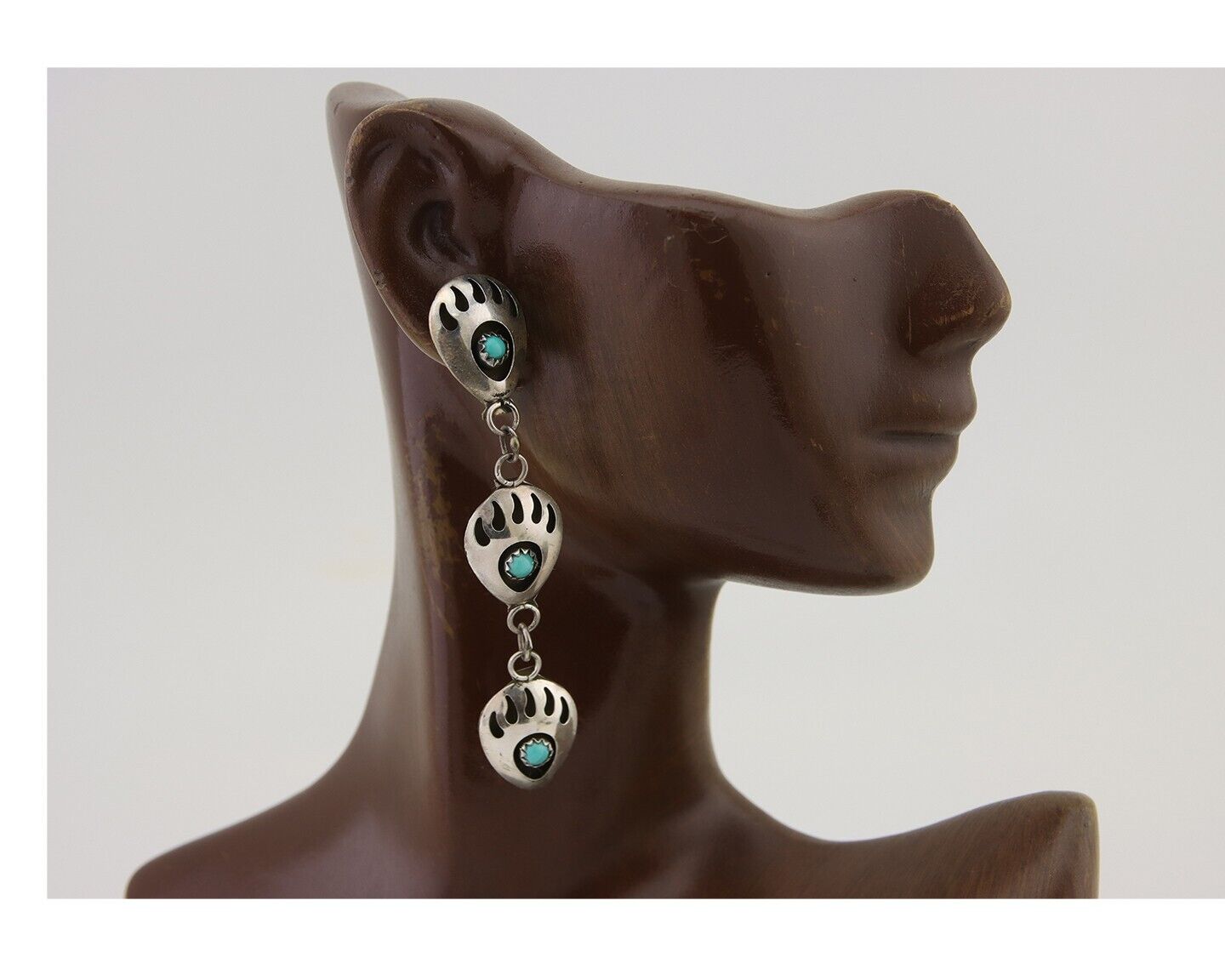 Navajo Paw Earrings 925 Silver Kingman Turquoise Native American Artist C.80's