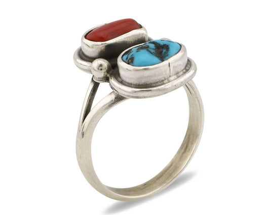 Navajo Ring 925 Silver SB Turquoise & Red Coral Native American Artist C.80s 312
