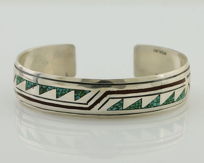 Navajo Inlay Bracelet 925 Silver Turquoise & Coral Signed Stanely Bain C.80's